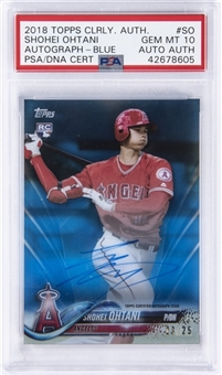 2018 Topps Clearly Authentic Autograph Blue #SO Shohei Ohtani Signed Rookie Card (#23/25) - PSA GEM MT 10, PSA/DNA Authentic 